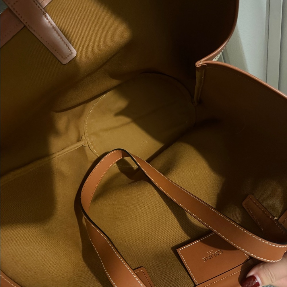 Celine Cream Canvas Tote with Brown Trim and Burgundy Logo Print - Picture 4 of 5